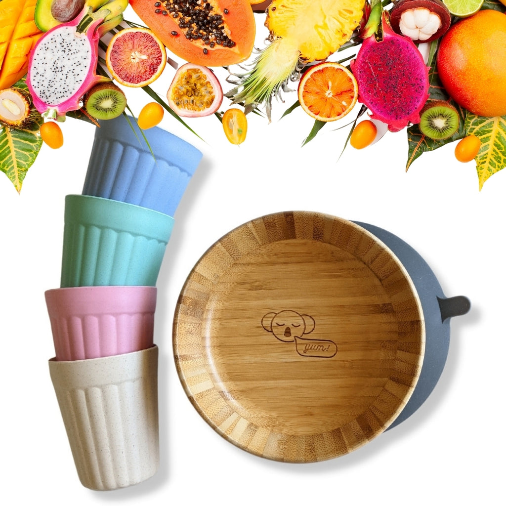 Bamboo Bowl with Suction and eco friendly bamboo cups bundle